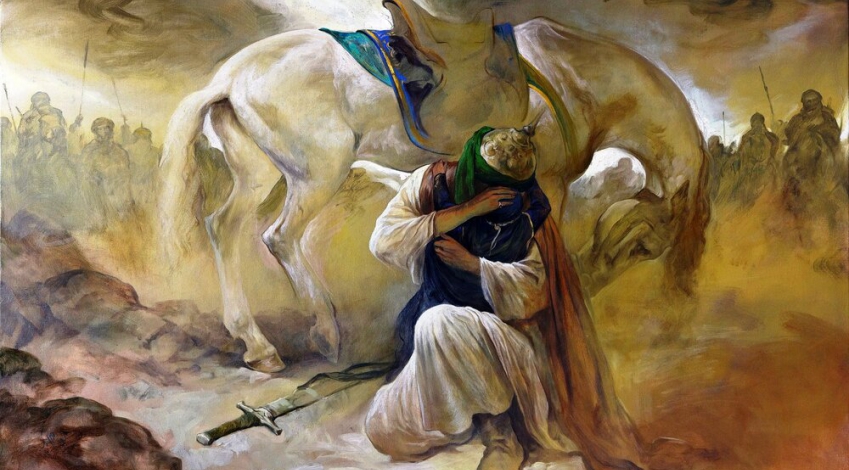 Painting by Ruholamin depicts Imam Hussein (AS) in final farewell to young daughter