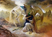 Painting by Ruholamin depicts Imam Hussein (AS) in final farewell to young daughter