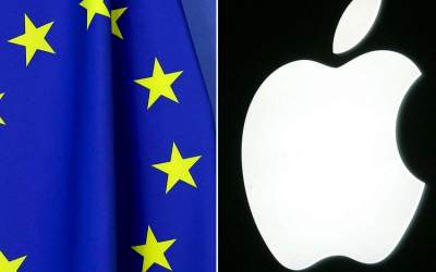 This combination of file photos shows European Union flag at the European Commission building in Brussels, on April 23, 2021, and the logo of US Apple computer group, on September 20, 2005 in Paris