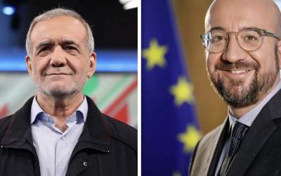 The combo photo shows Iranian President Masoud Pezeshkian (L) and President of the European Council Charles Michel.