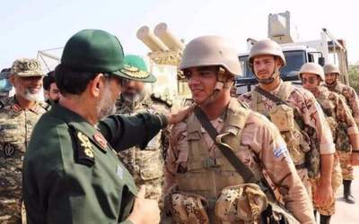 Commander of the Islamic Revolution Guards Corps (IRGC) Navy Rear Admiral Alireza Tangsiri (C) visits operational units at the Nazaat Islands in the Persian Gulf on Sept. 5, 2024.