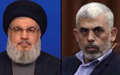 This combo shows Hezbollah chief Sayyed Hassan Nasrallah (L) and Hamas leader Yhya Sinawar.