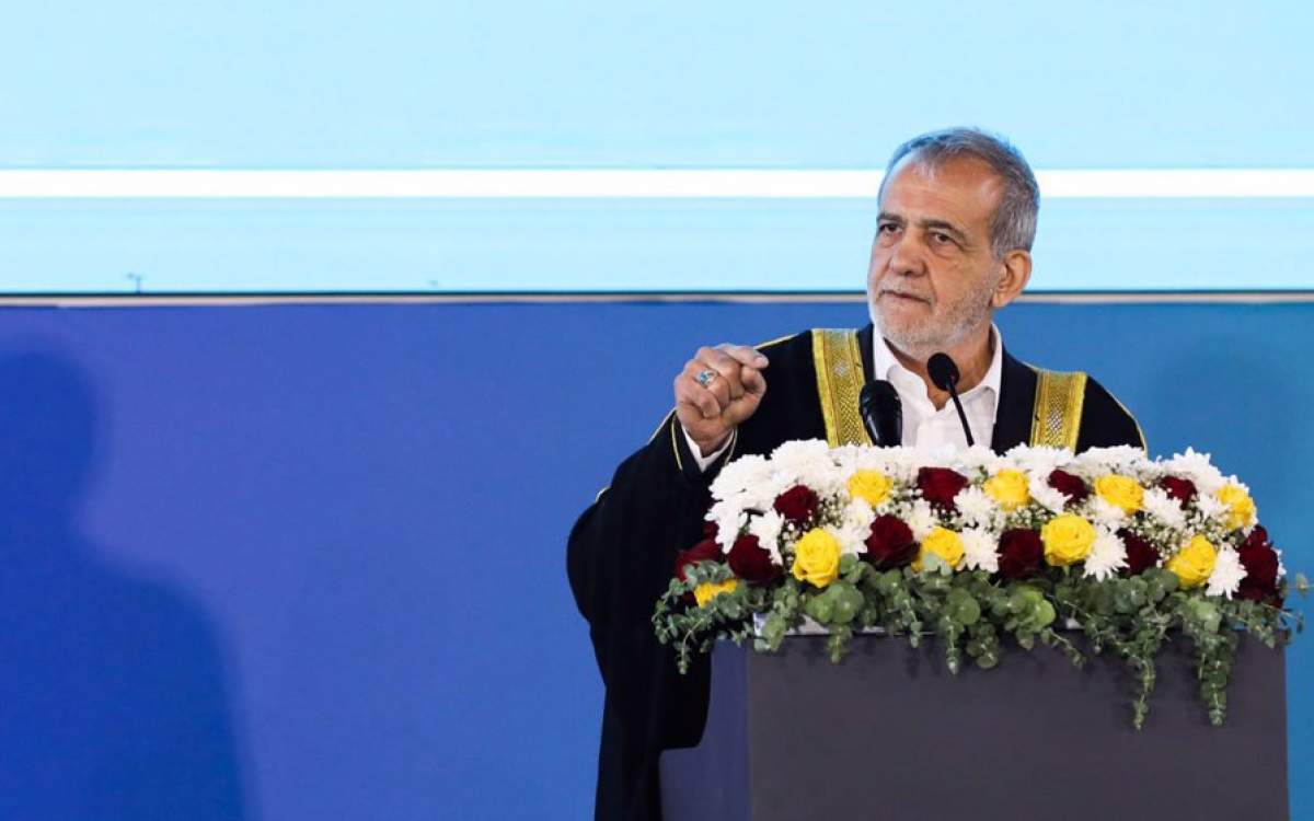 Iranian President Masoud Pezeshkian addresses a group of elites in Basra, Iraq, on September 13, 2024.