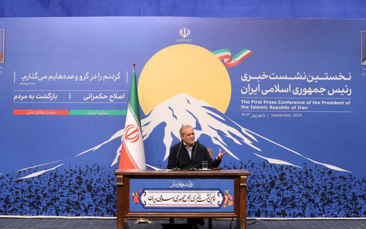 Iranian President Masoud Pezeshkian speaks to Iranian and foreign reporters in Tehran on September 16, 2024 during his first press conference since he took office.