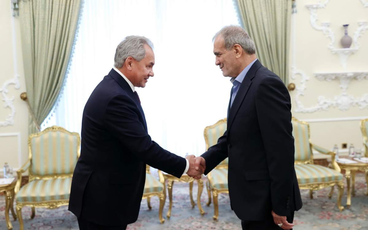 Iranian President Masoud Pezeshkian (R) meets with Russia’s Security Council Secretary Sergei Shoigu in the capital Tehran, Iran, on September 17, 2024.