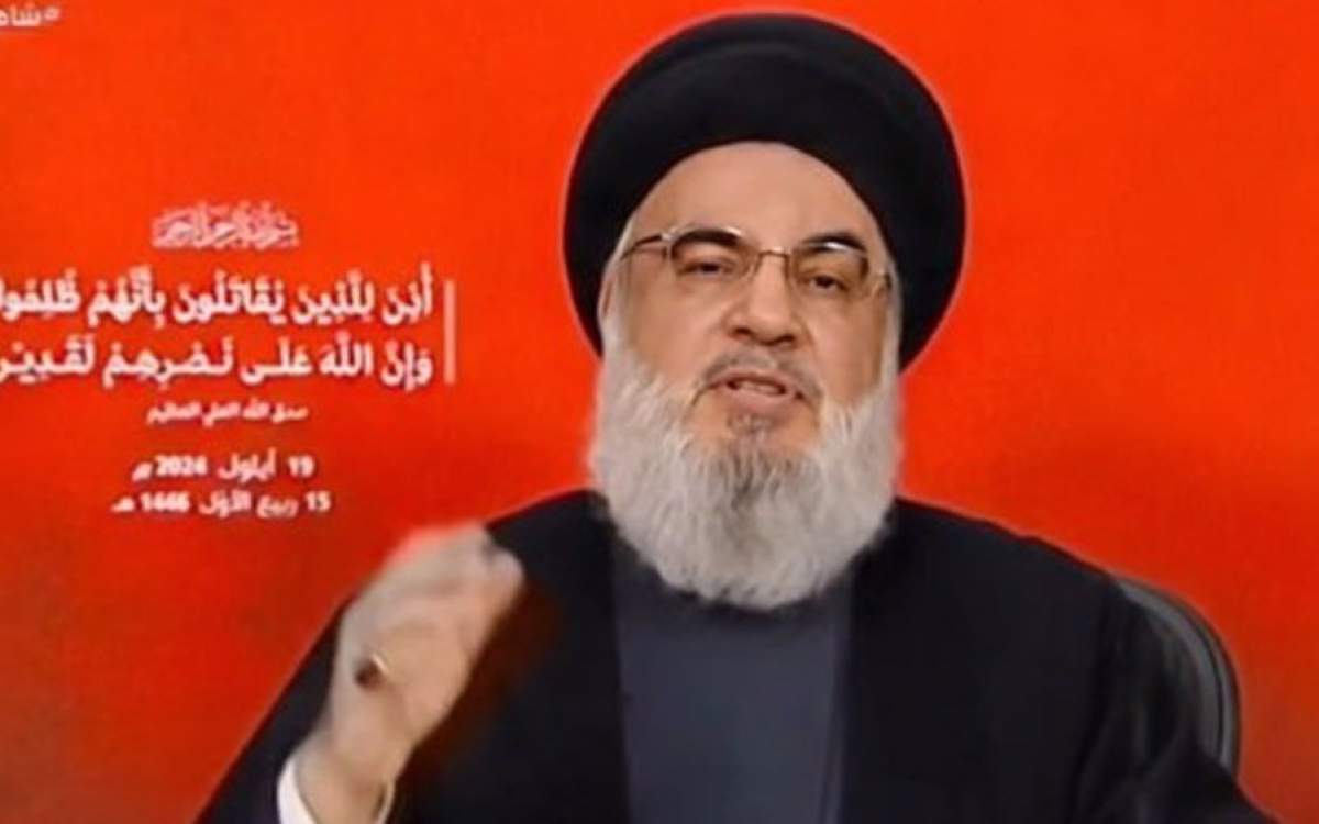 This screengrab shows Hezbollah Secretary General Sayyed Hassan Nasrallah making his first televised address since radio explosions by Israel killed dozens and injured thousands in Lebanon on Thursday, Sept. 19, 2024.