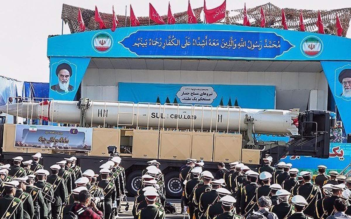 The Iranian Jihad ballistic missile, with a range of 1,000 kilometers, is showcased during a military parade outside Tehran on September 21, 2024.