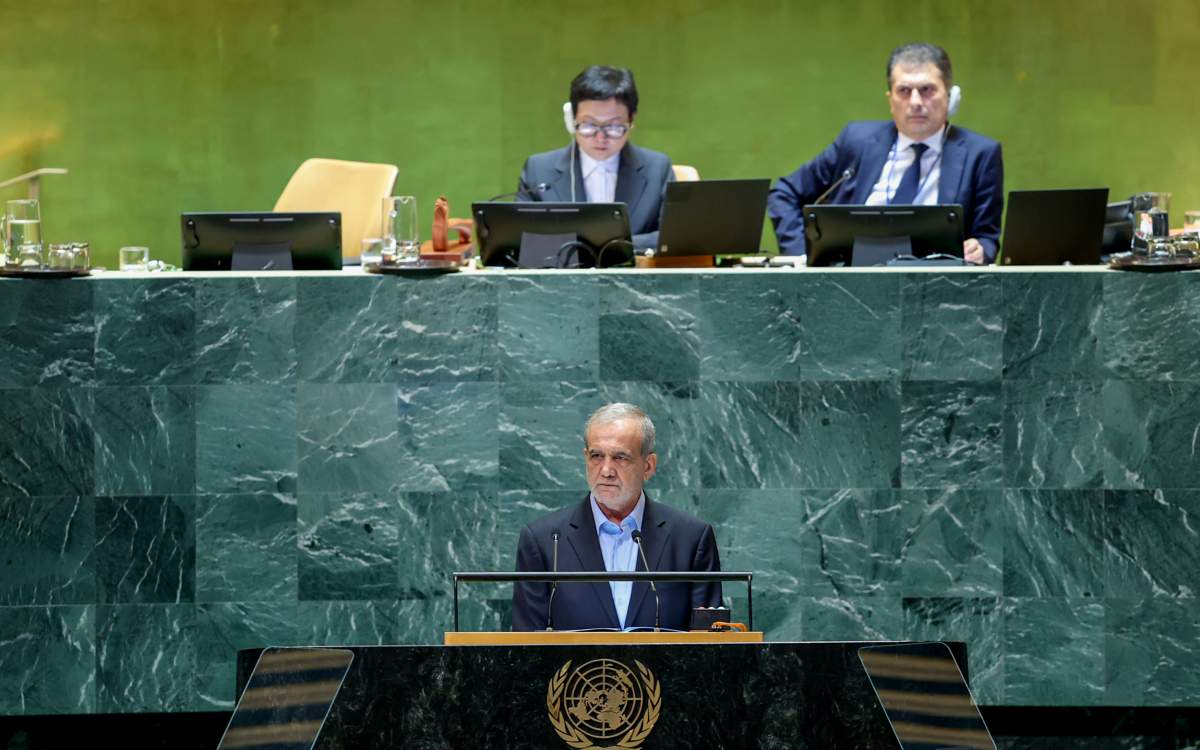 Iran’s President Masoud Pezeshkian addresses the 79th session of the United Nations General Assembly in New York on September 24, 2024.