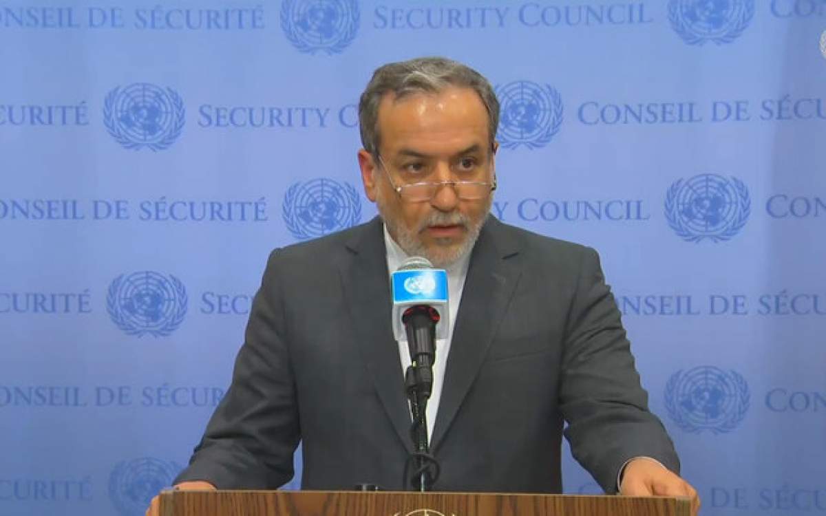 Iran’s Foreign Minister Abbas Araghchi delivers his remarks before the United Nations Security Council Media Stakeout in New York on September 27, 2024.