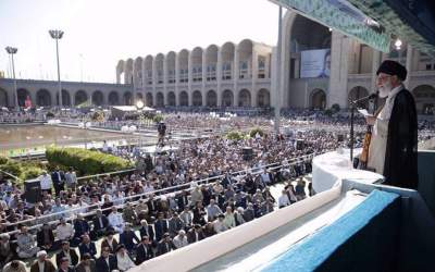 Leader of the Islamic Revolution Ayatollah Seyyed Ali Khamenei delivers a public sermon at the Imam Khomeini Grand Mosalla mosque in central Tehran.