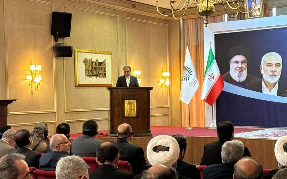 Iranian Foreign Minister Abbas Araghchi speaks at the “Al-Aqsa Flood; The Beginning of Nasrallah” conference in the capital Tehran, on October 8, 2024.