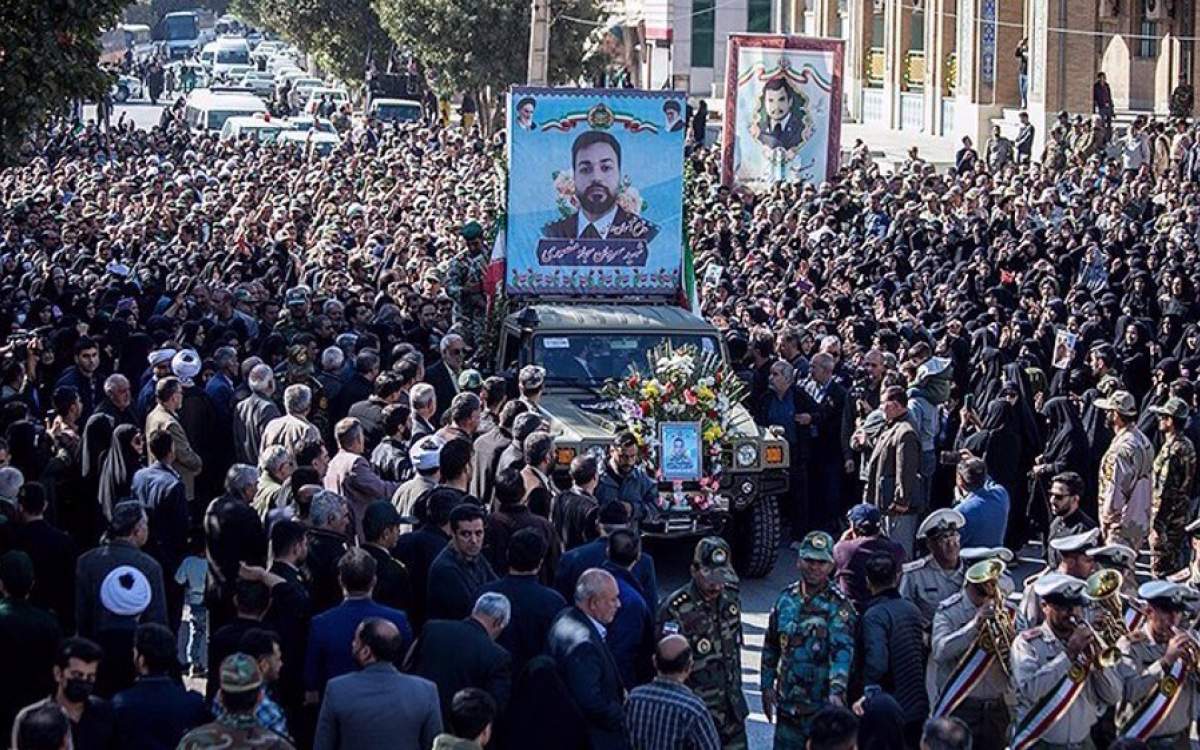 People attend a funeral procession in the Iranian city of Kermanshah on October 28, 2024, for Army officer Sajjad Mansouri, who was martyred in Israel