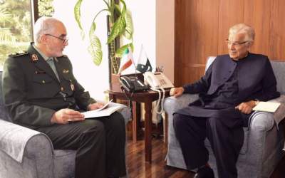 Iran’s Deputy Defense Minister Brigadier General Hojjatollah Qoreishi (L) meets with Pakistani Defense Minister Khawaja Muhammad Asif in Islamabad on November 8, 2024.