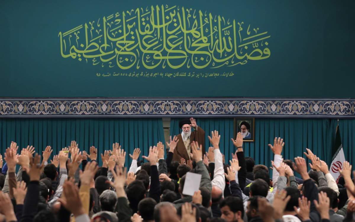 Leader of the Islamic Revolution Ayatollah Seyyed Ali Khamenei addresses groups of people ahead of Lieutenant General Qassem Soleimani’s fifth martyrdom anniversary in Tehran on January 1, 2025.