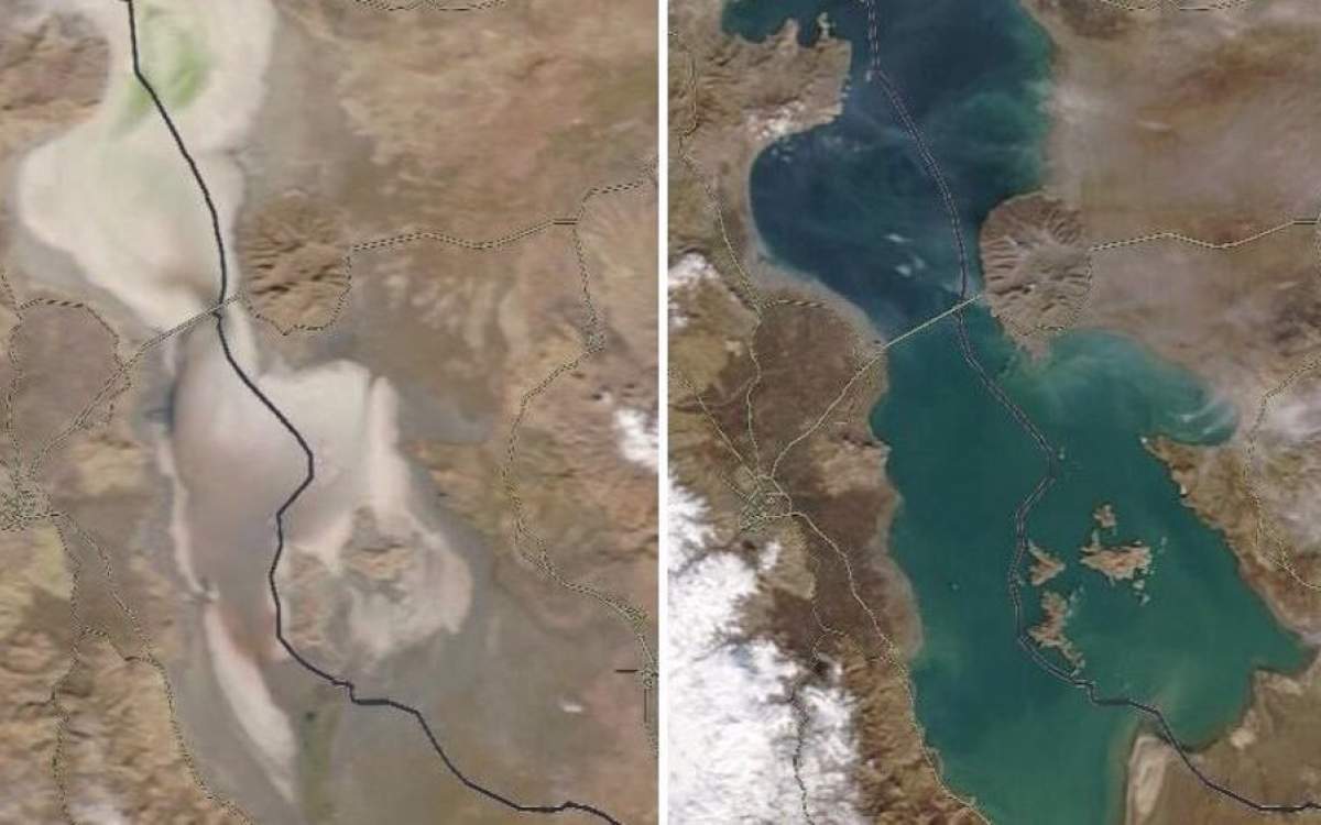 Satellite images released by the Iranian Energy Ministry shows the amount of water in Lake Urmia before and after a restoration program was launched in 2015 to prevent the lake from drying up.