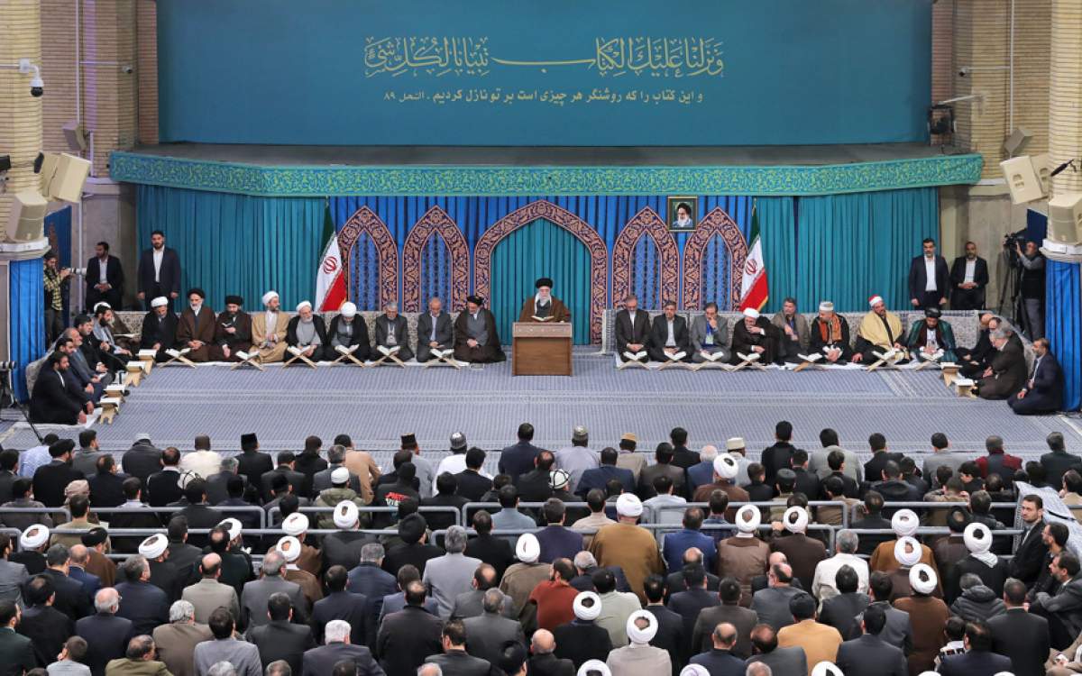 Leader of the Islamic Revolution Ayatollah Seyyed Ali Khamenei meets with Quran reciters and memorizers in the Iranian capital, Tehran, on February 2, 2025.