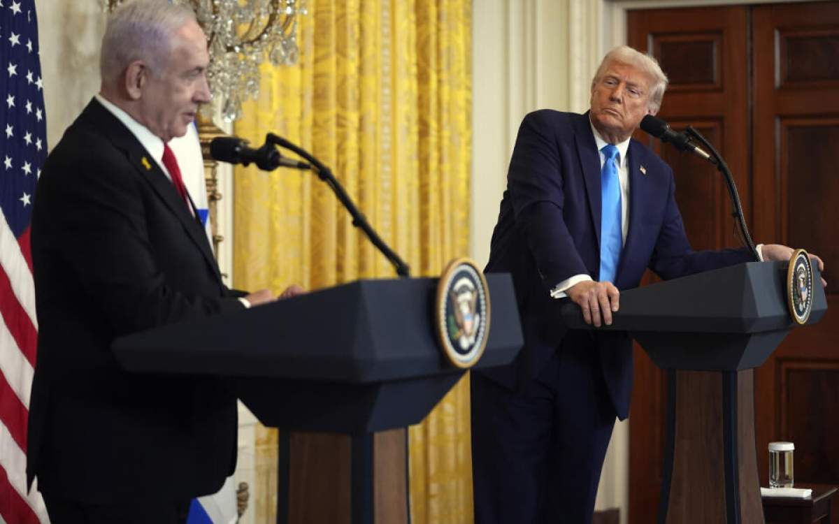 President Donald Trump (right) looks on as Israeli Prime Minister Benjamin Netanyahu speaks, at the White House, in Washington D.C., the U.S., February 4, 2025.