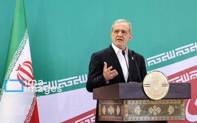 Iranian President Masoud Pezeshkian delivers a keynote speech in Tehran’s iconic Azadi Square on the occasion of the 46th anniversary of the victory of the country’s historic Islamic Revolution, on February 10, 2025.