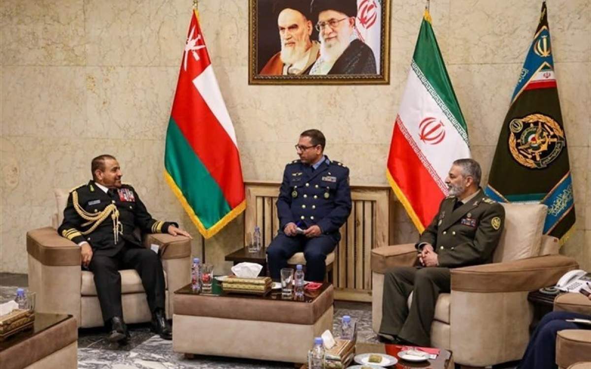 Iran’s Chief of Staff of the Armed Forces, Major General Mohammad Baqeri, (R) receives Vice Admiral Abdullah Khamis Al Raisi, Chief of Staff of the Sultanate of Oman