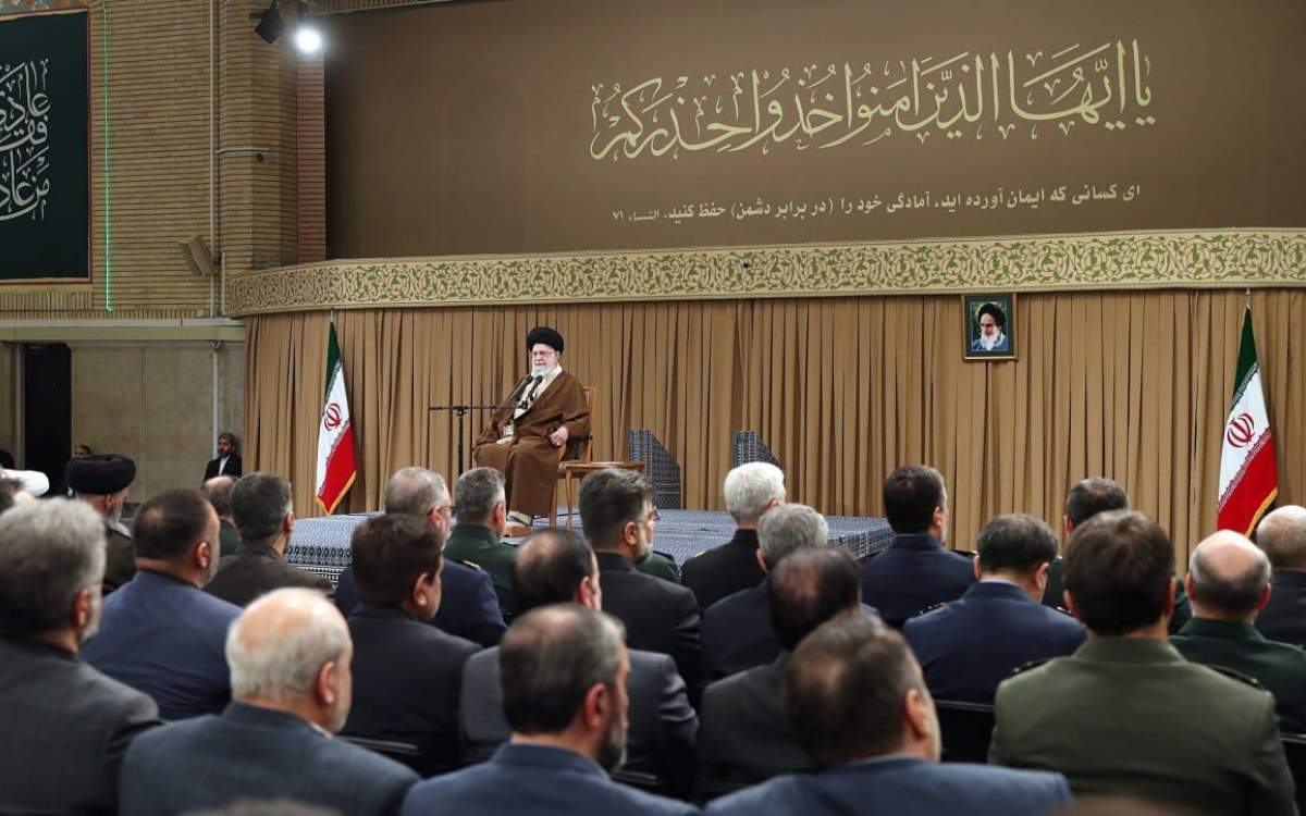 Leader of the Islamic Revolution Ayatollah Seyyed Ali Khamenei speaks during a meeting with scientists, specialists, and officials from Iran’s defense industry, in Tehran, on February 12, 2025.