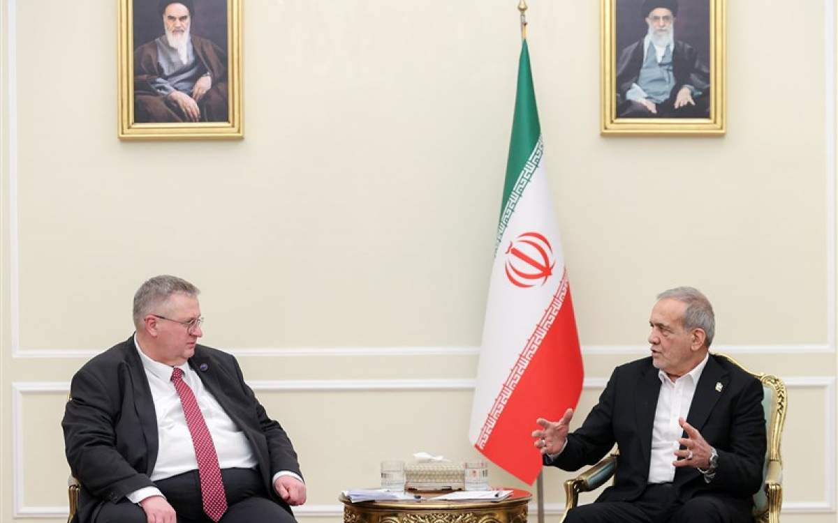 Iranian President Masoud Pezeshkian (R) held talks with Alexey Overchuk, Deputy Prime Minister of Russia, in Tehran, Iran, February 18, 2025.