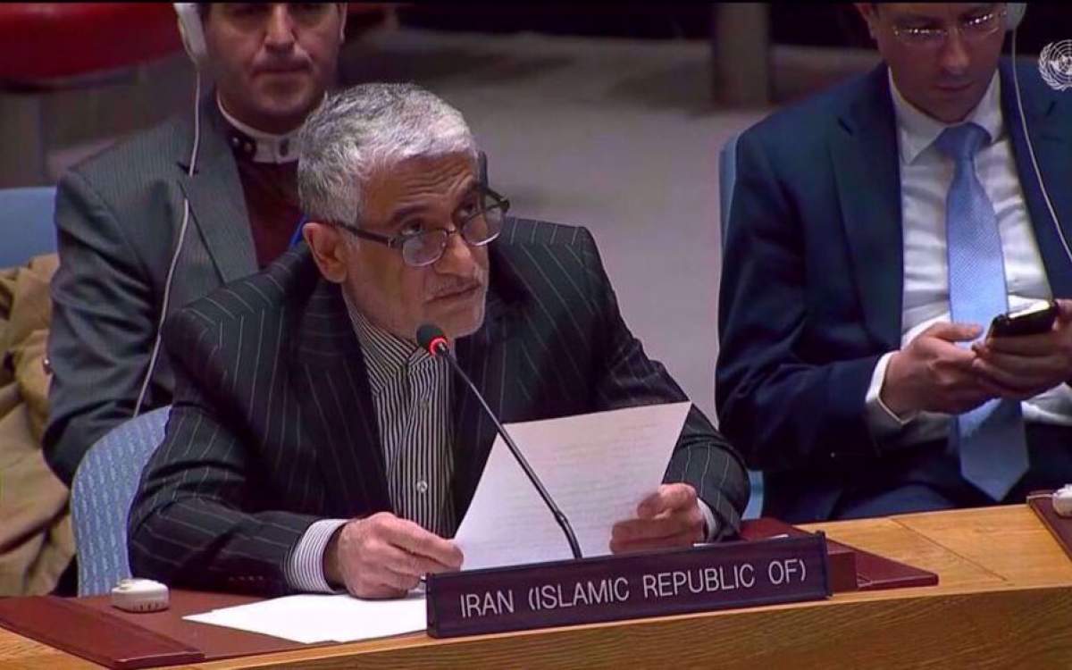 This file photo shows Iran’s permanent ambassador to the United Nations Amir Saeid Iravani making an address.