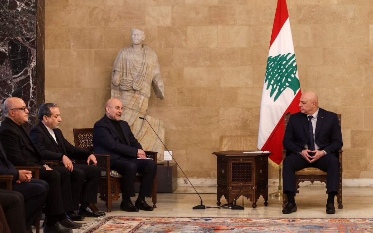 Iran’s Parliament Speaker Mohammad Baqer Qalibaf (first from left) met with Lebanon’s President Joseph Aoun in Beirut, February 23, 2025.